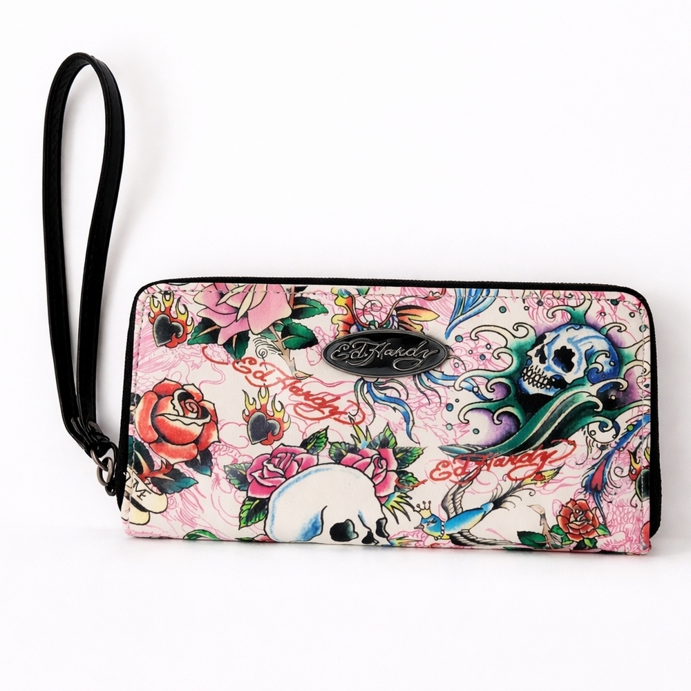 Ed Hardy Skull Floral Wallet Wristlet 🔥 Y2K Zip Around Wallet w/ Strap